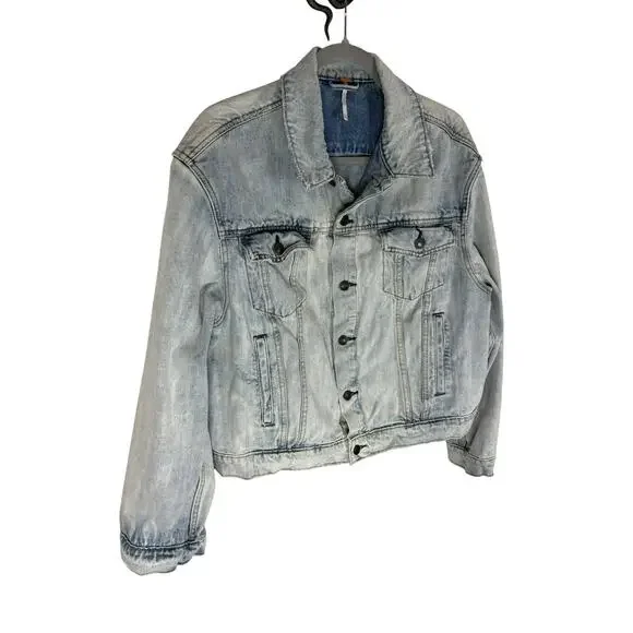 Free People Paisley Quilted Denim Jacket Trucker Boho Hippie Oversized Baggy M/L